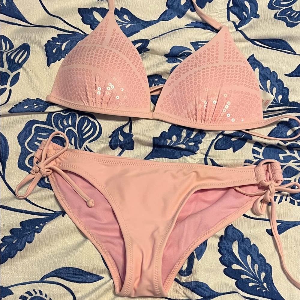 No Boundaries Pink Sequins Bikini Top Size S Bottom Size XS